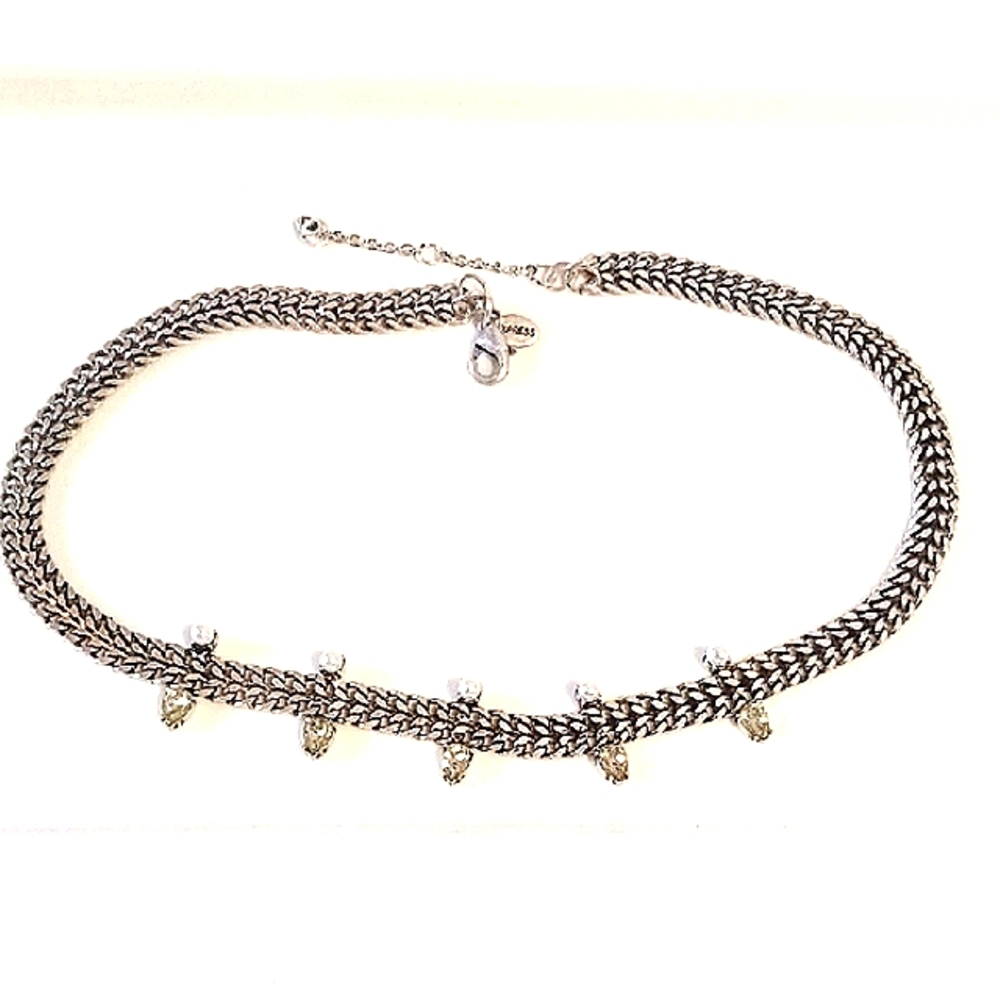 Silver-Tone Chain Choker Necklace with Pearl and Teardrop Accents
